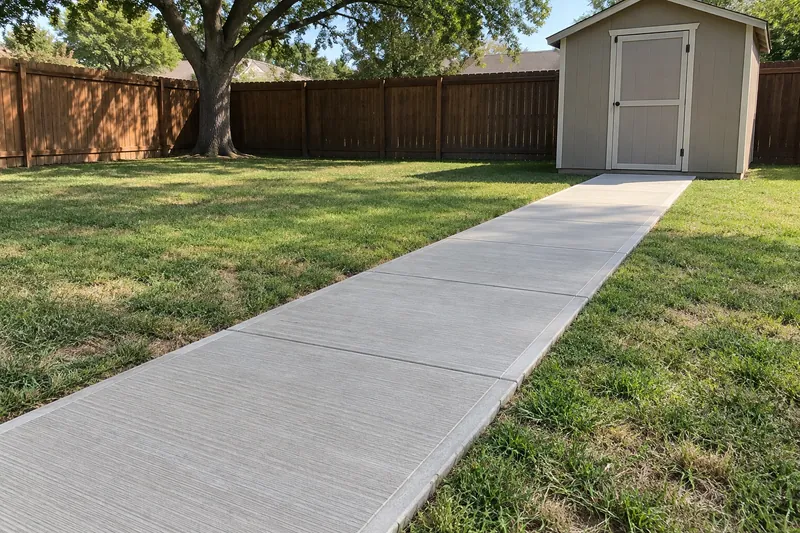 Concrete Sidewalks in Oglesby, TX, example photo: concrete garden walkway across a backyard to a shed