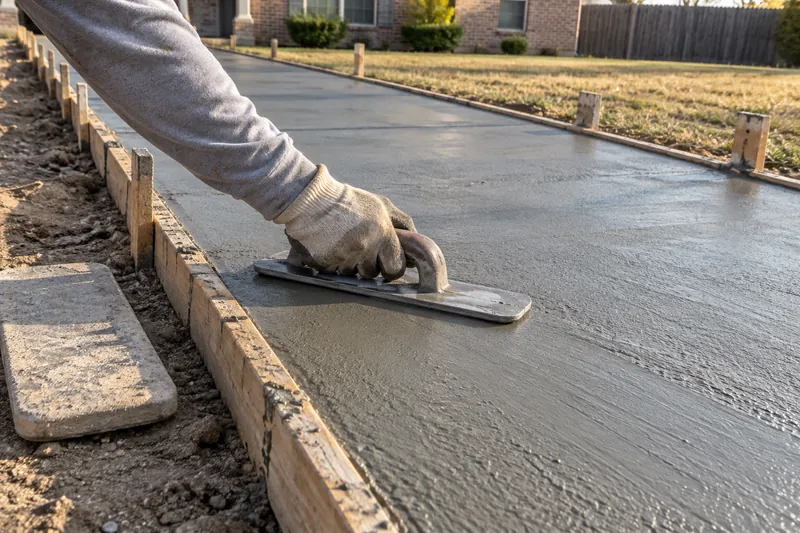 Concrete Sidewalks in Riesel, TX, example photo: hand float smoothing wet concrete in a sidewalk form