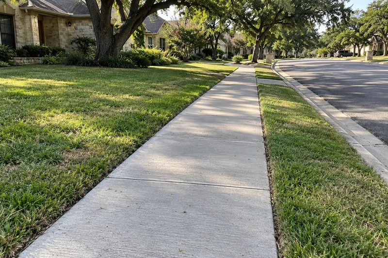 Concrete Sidewalks in West, TX, example photo: public sidewalk with tooled joints along a residential street