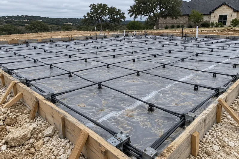 Concrete Slabs in Lorena, TX, example photo: post-tension cables laid over a vapor barrier inside slab forms