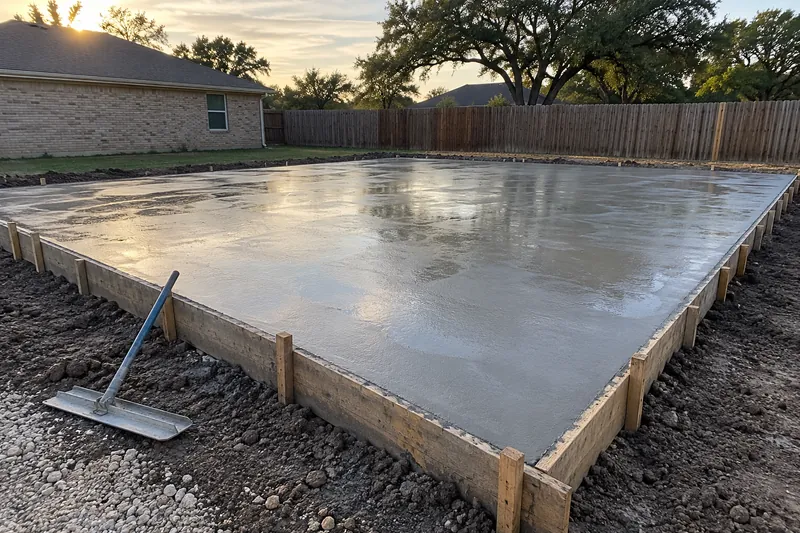 Concrete Slabs in Riesel, TX, example photo: freshly poured garage slab inside wood forms, still wet