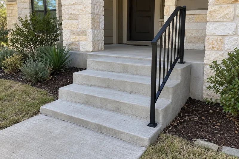 Concrete Steps in Waco, TX, example photo: poured concrete front steps with a metal handrail up to a porch