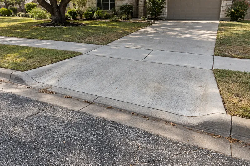 Driveway Aprons in Waco, TX, example photo: concrete driveway approach meeting the street curb, with the sidewalk crossing it