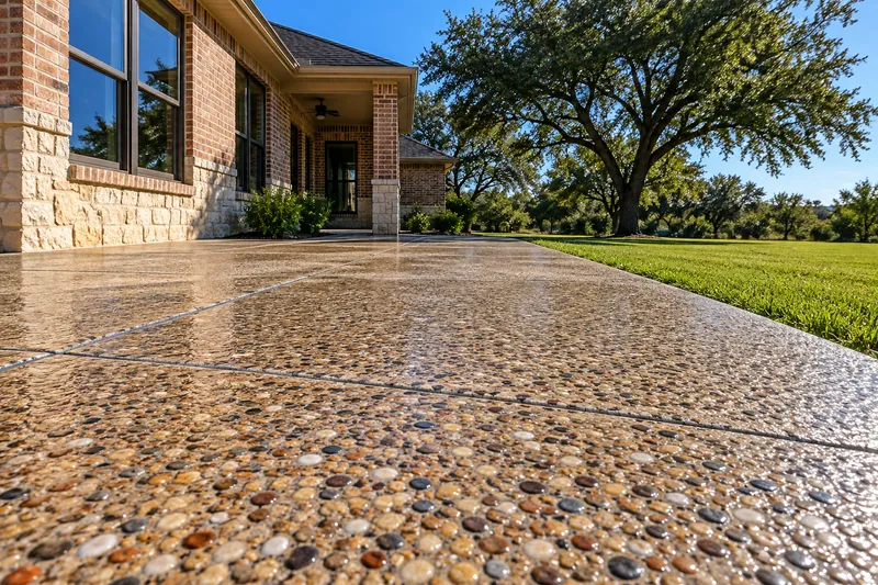 Exposed Aggregate Concrete in Waco, TX, example photo: sealed exposed-aggregate concrete patio with rounded river pebbles beside a brick house