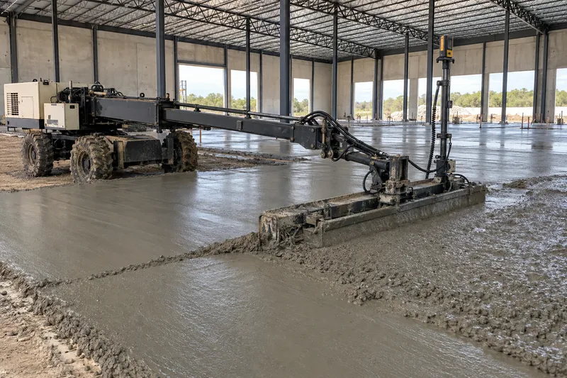 Industrial Concrete in Waco, TX, example photo: laser screed levelling a warehouse floor pour