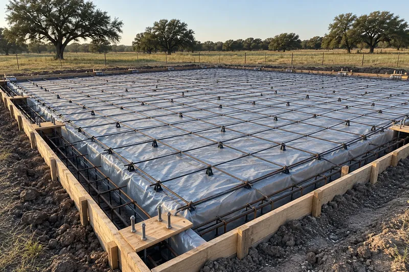 Metal Building Slabs in Waco, TX, example photo: forms, rebar and anchor bolt templates for a metal building slab
