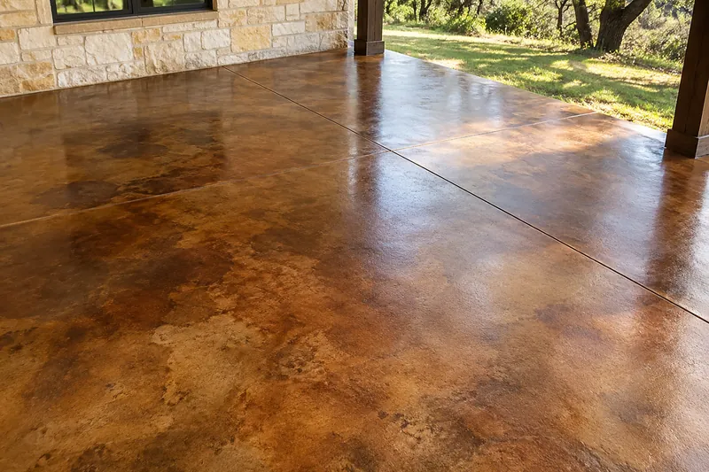 Stained Concrete in Waco, TX, example photo: acid-stained concrete in mottled brown and amber