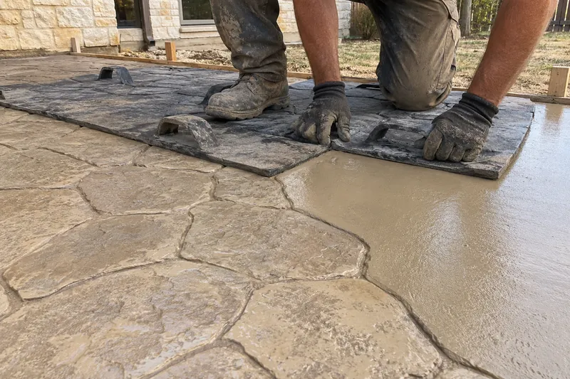 Stamped Concrete in Bellmead, TX, example photo: stamping mats being pressed into fresh colored concrete