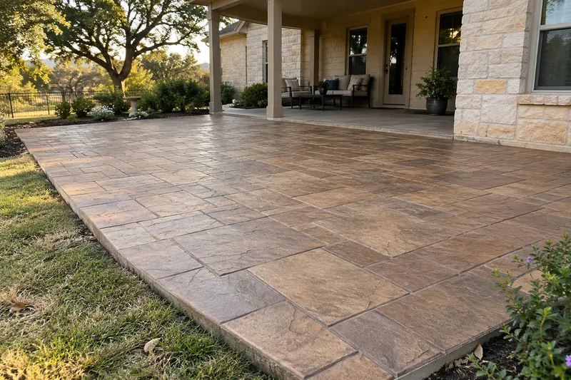 Stamped Concrete in Bruceville-Eddy, TX, example photo: colored stamped concrete patio in an ashlar slate pattern
