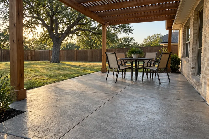 Stamped Concrete in China Spring, TX, example photo: seamless stone-texture stamped patio under a cedar pergola