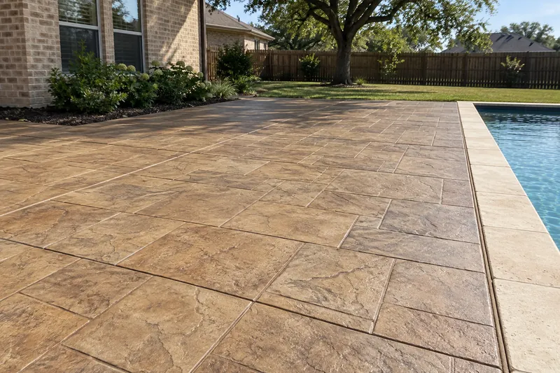 Stamped Concrete in Lacy-Lakeview, TX, example photo: stamped concrete patio in an ashlar slate pattern, sandstone color