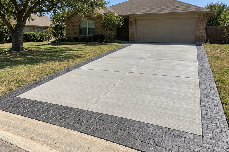 Stamped Concrete in Leroy, TX, example photo: driveway with a stamped charcoal border around broom-finished panels
