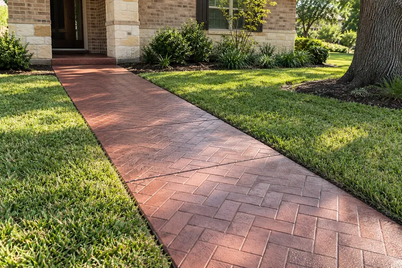 Stamped Concrete in Riesel, TX, example photo: stamped concrete front walk in a red herringbone brick pattern