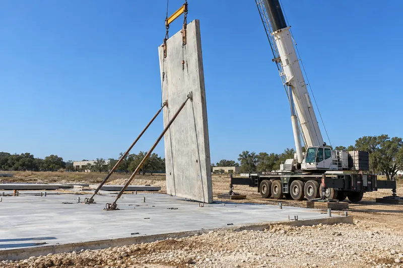 Tilt-Wall Construction in Waco, TX, example photo: crane lifting a tilt-wall panel upright