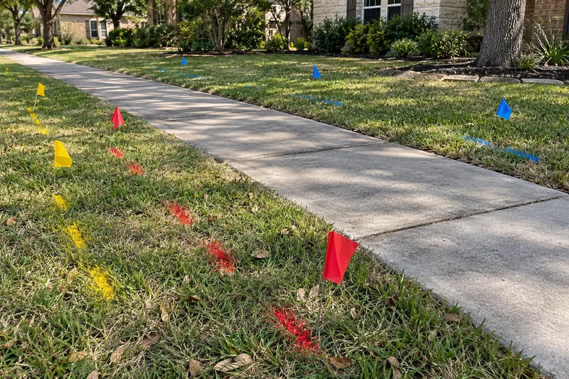 Waco Driveway, Approach and Sidewalk Permits, example photo: utility locate flags and paint marks beside a sidewalk